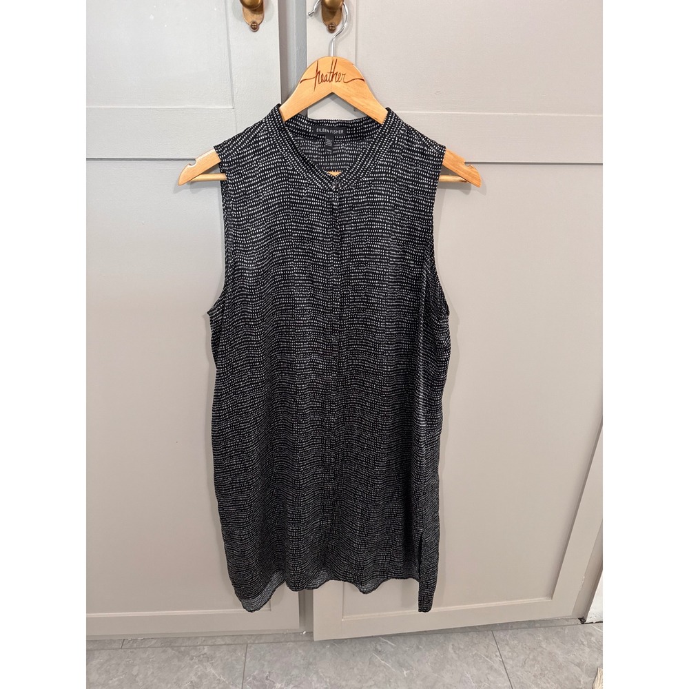 Eileen Fisher Womens Black White Silk Dot Sleeveless Tunic Top Mandarin Collar M